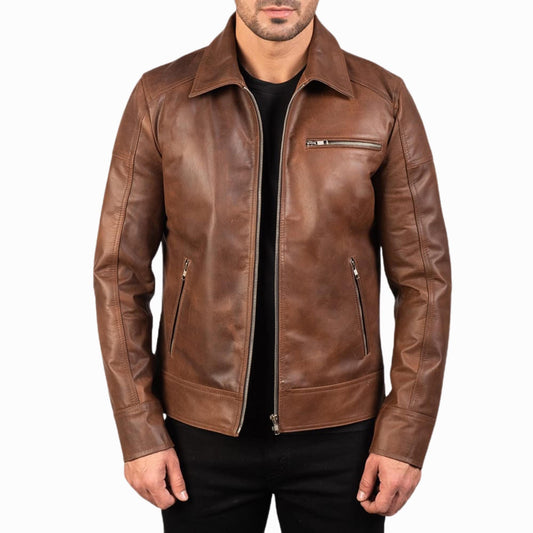 Men’s Classic Brown Real Leather Jacket – Cafe Racer Style Zip-Up Coat | The Nord Wolf