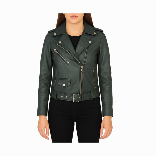 Women's Green Leather Biker Jacket – Moto Style, Custom Sizes