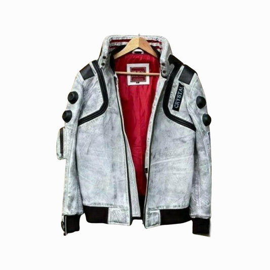 Cyberpunk 2077 White Waxed Leather Jacket – LED Collar, Samurai Embroidery