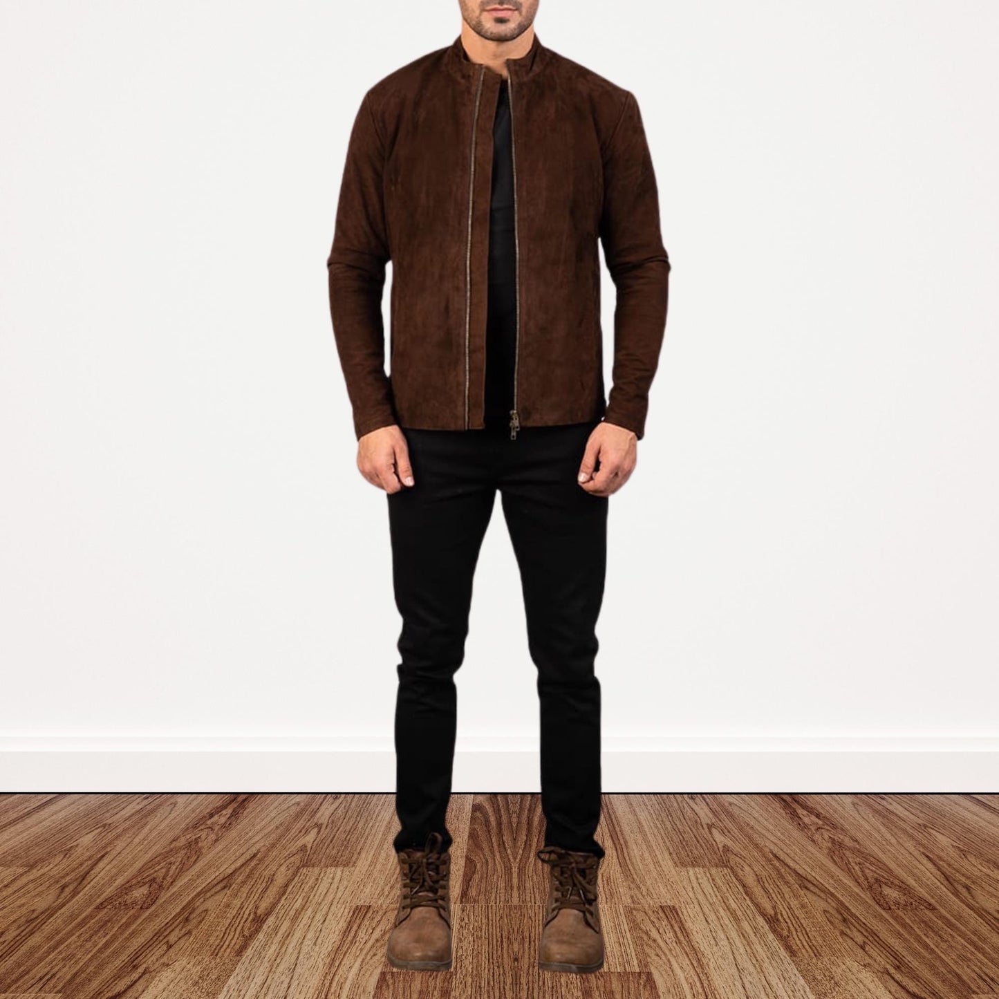 Men’s Brown Suede Leather Bomber Jacket – Minimalist Zip-Up Outerwear