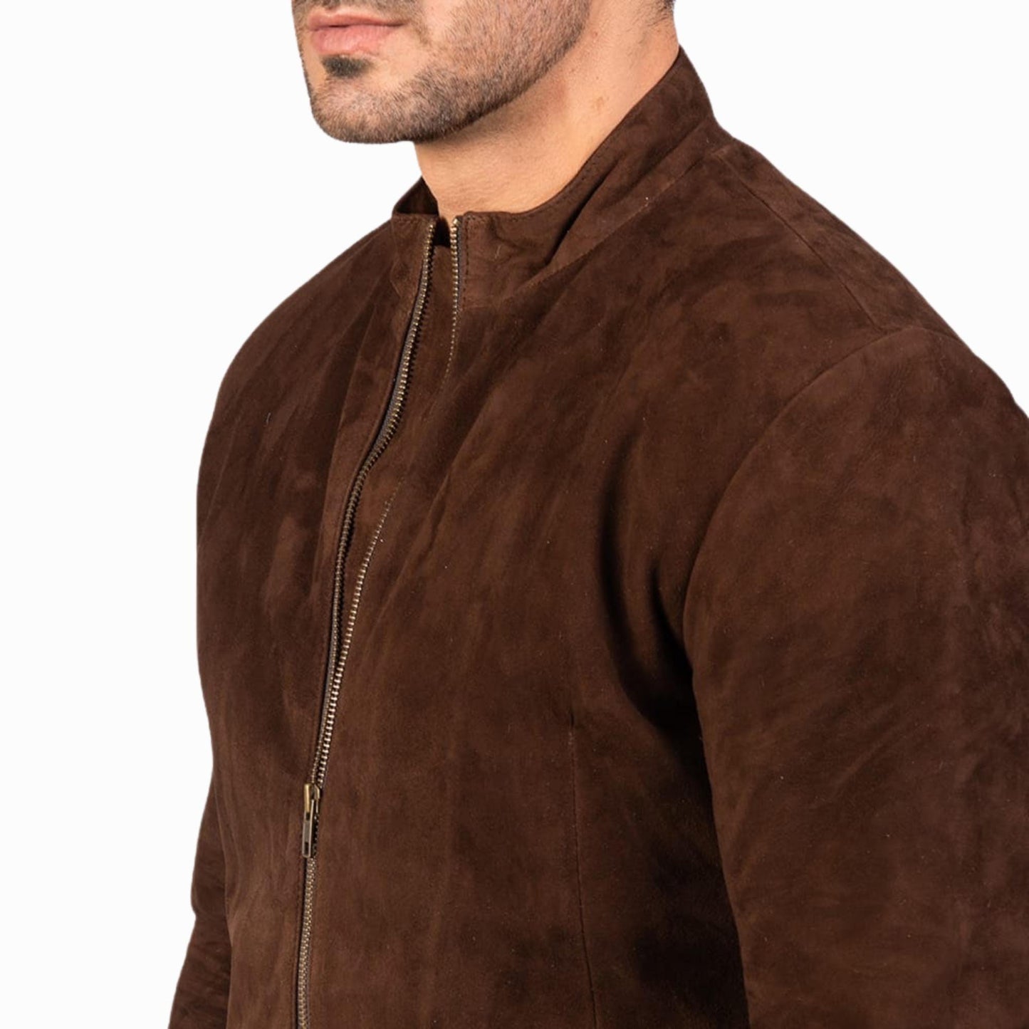 Men’s Brown Suede Leather Bomber Jacket – Minimalist Zip-Up Outerwear