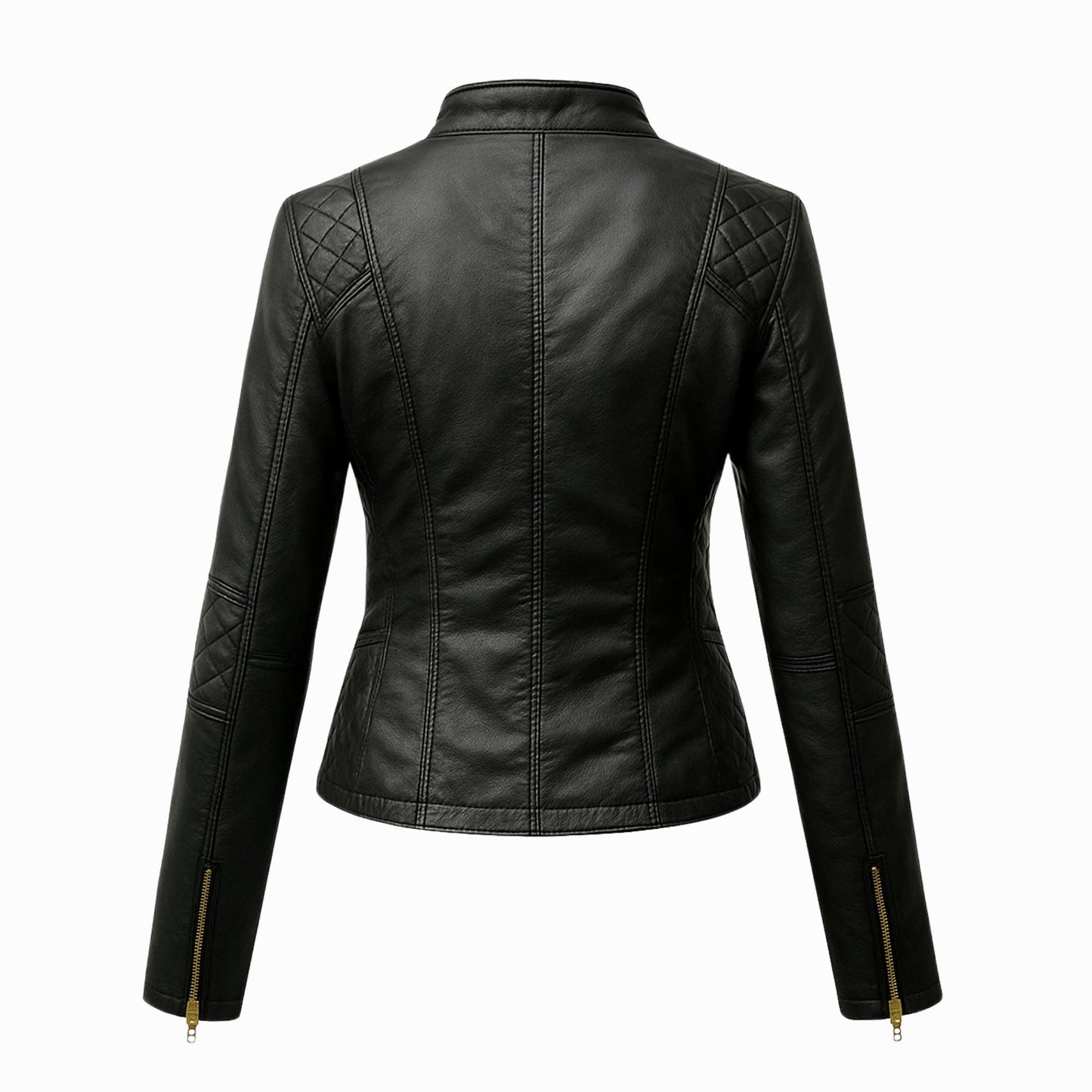 Women’s Black Real Leather Jacket – Quilted Moto Style with Gold Zippers | The Nord Wolf