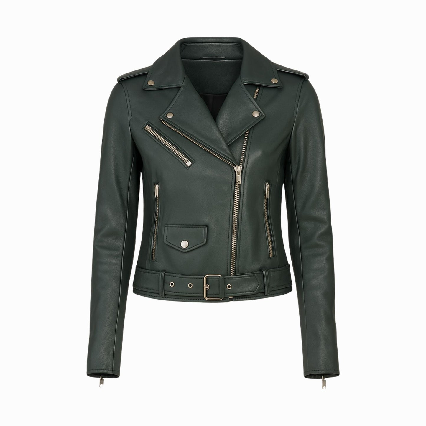 Women's Green Leather Biker Jacket – Moto Style, Custom Sizes