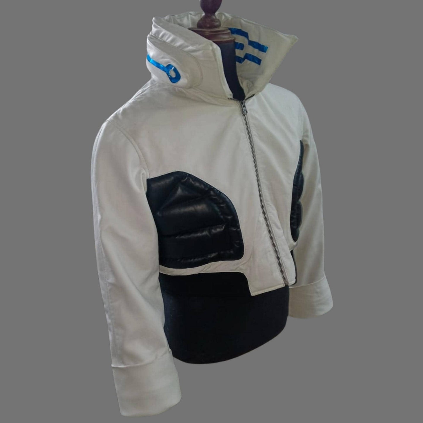 Cyberpunk LED Collar White Leather Jacket – Futuristic Cosplay & Streetwear | Custom Handmade | The Nord Wolf