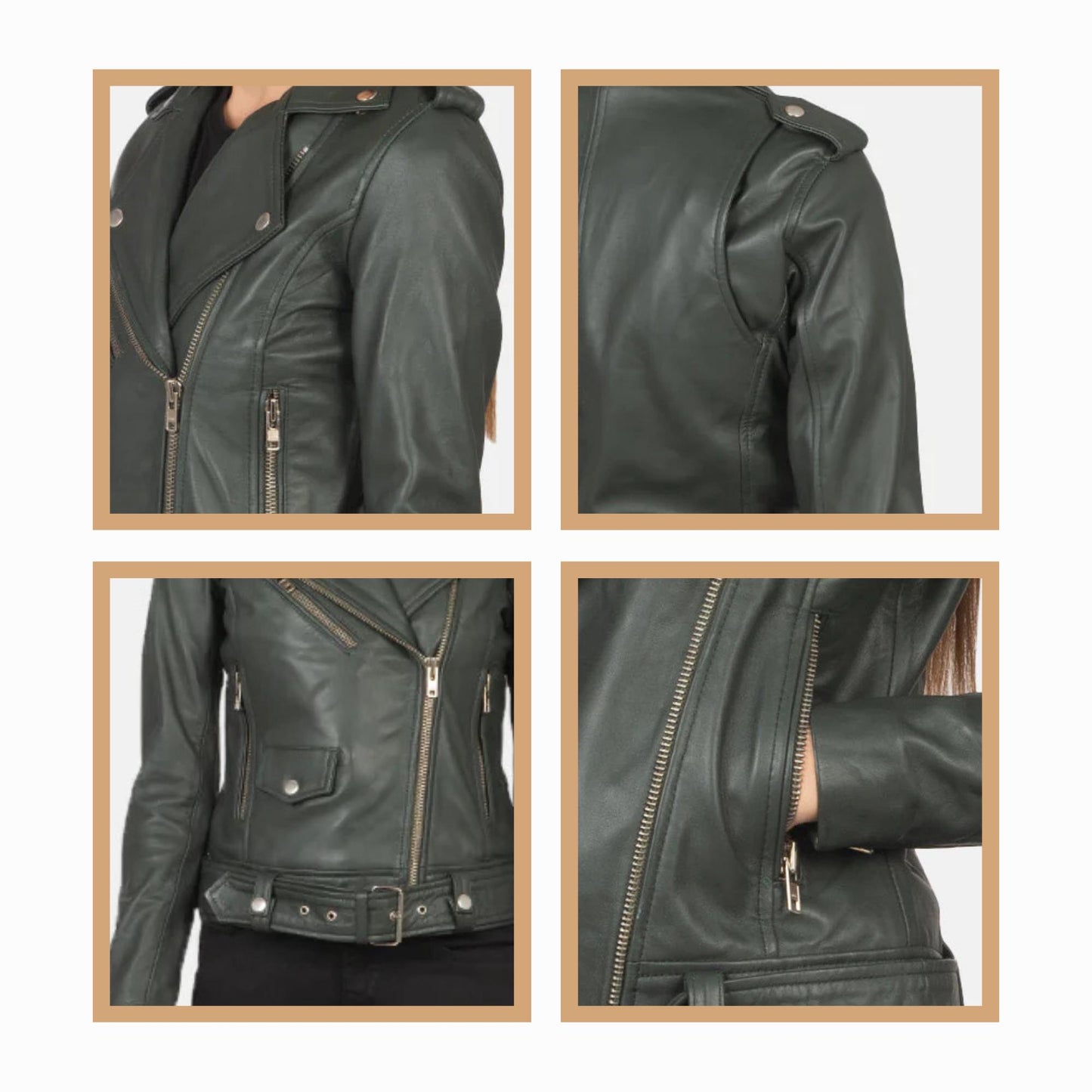 Women's Green Leather Biker Jacket – Moto Style, Custom Sizes