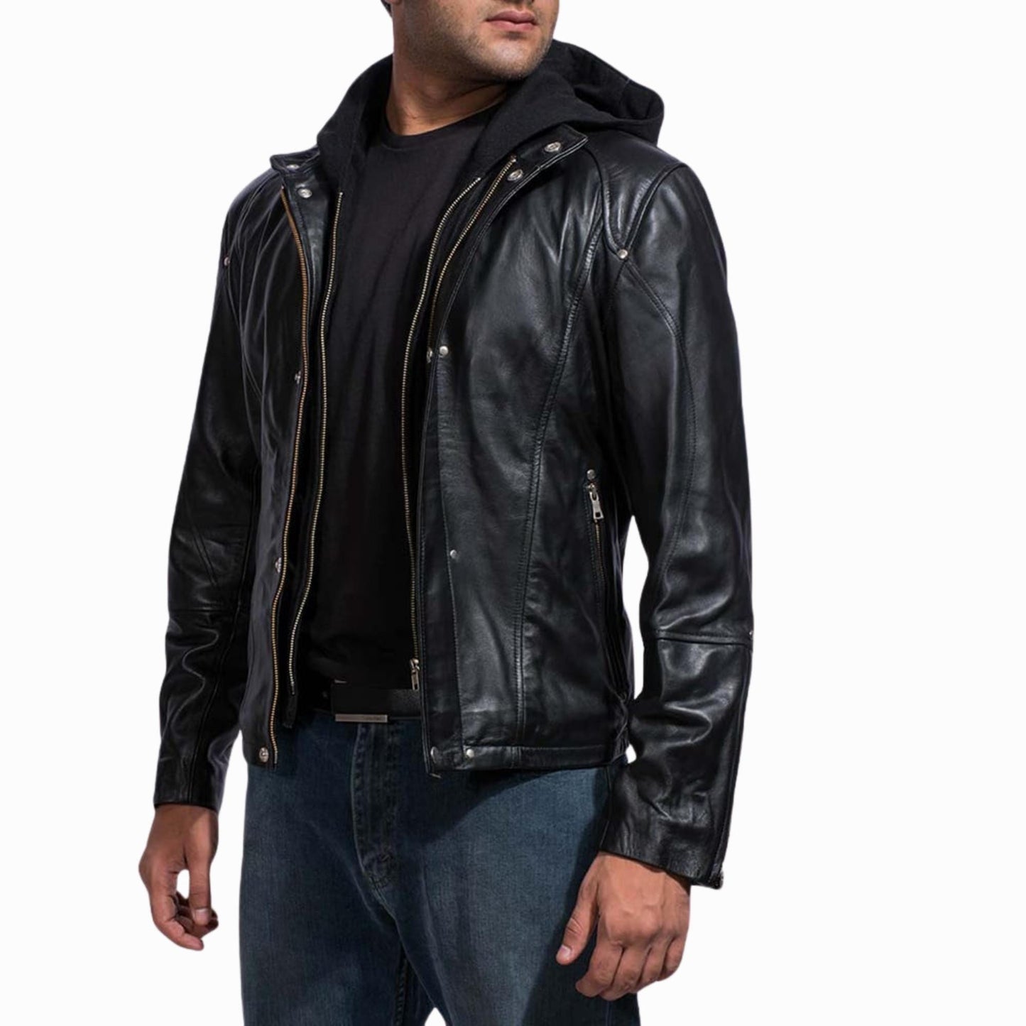 Men’s Black Real Leather Jacket with Removable Hood – Slim Fit Motorcycle Style | The Nord Wolf