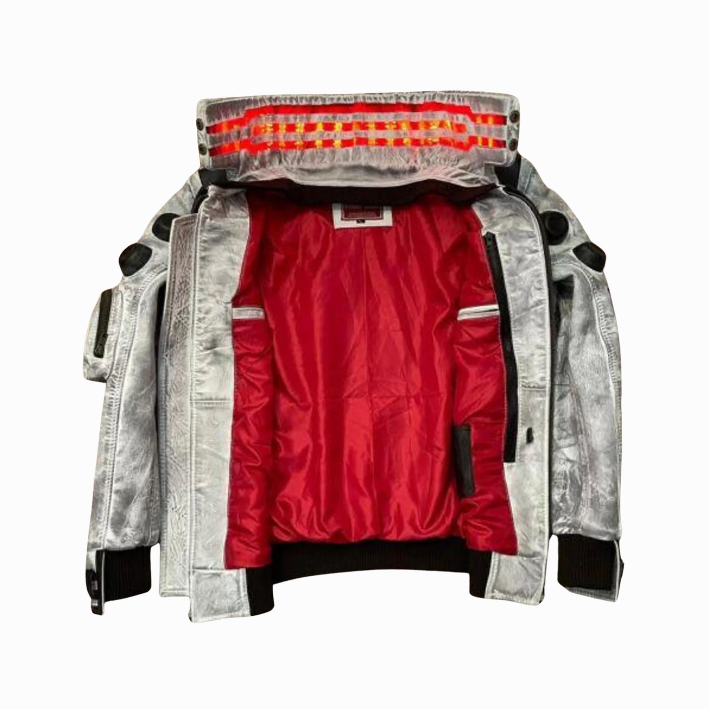 Cyberpunk 2077 White Waxed Leather Jacket – LED Collar, Samurai Embroidery