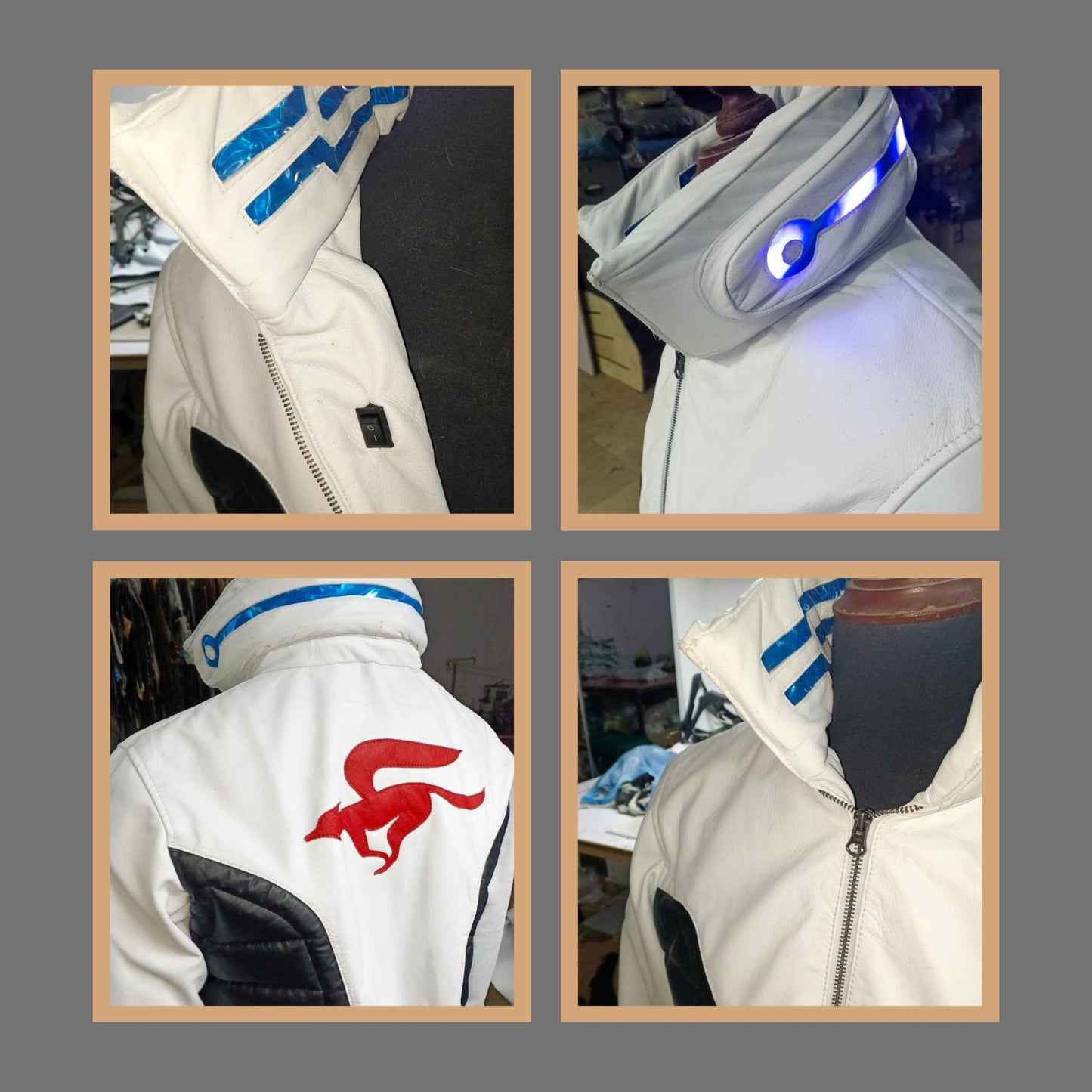 Cyberpunk LED Collar White Leather Jacket – Futuristic Cosplay & Streetwear | Custom Handmade | The Nord Wolf