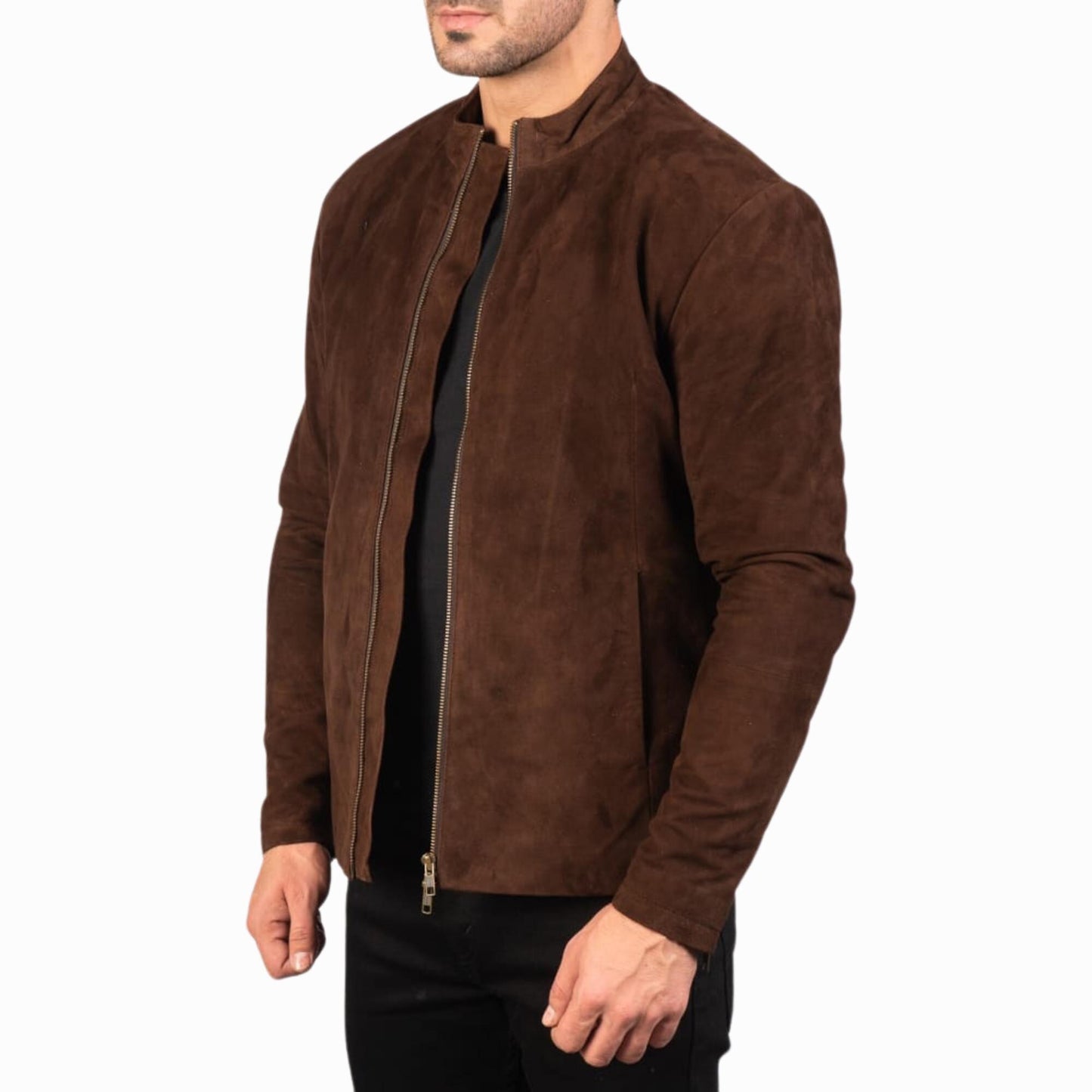 Men’s Brown Suede Leather Bomber Jacket – Minimalist Zip-Up Outerwear