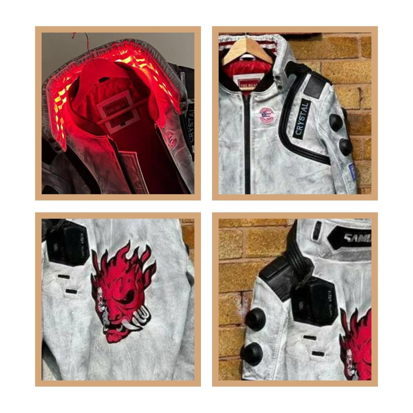 Cyberpunk 2077 White Waxed Leather Jacket – LED Collar, Samurai Embroidery