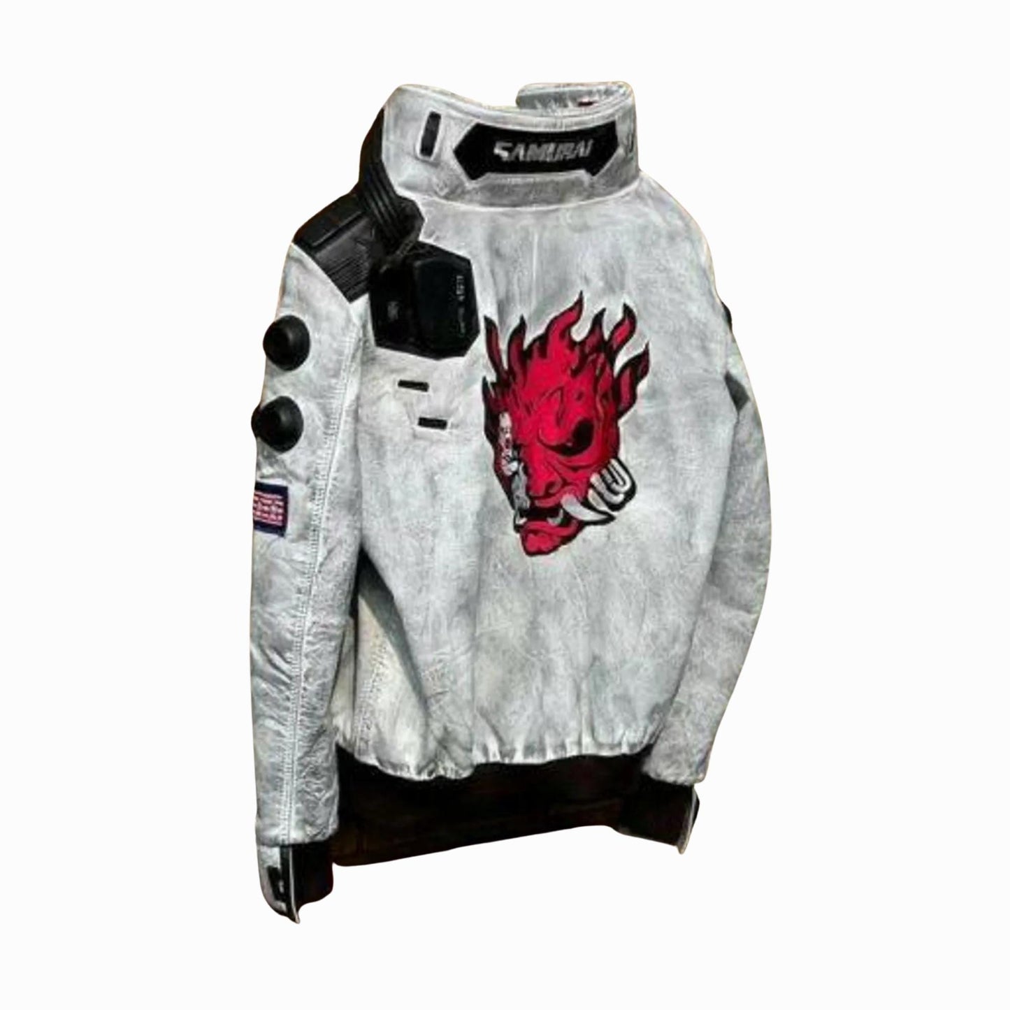 Cyberpunk 2077 White Waxed Leather Jacket – LED Collar, Samurai Embroidery