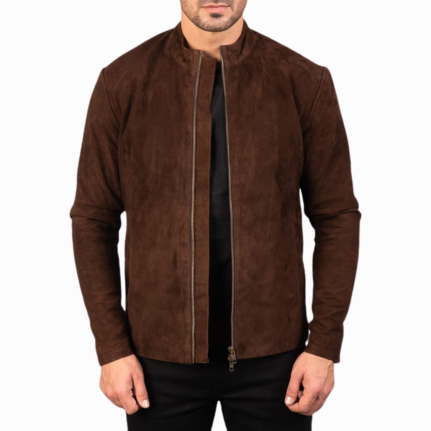 Men’s Brown Suede Leather Bomber Jacket – Minimalist Zip-Up Outerwear