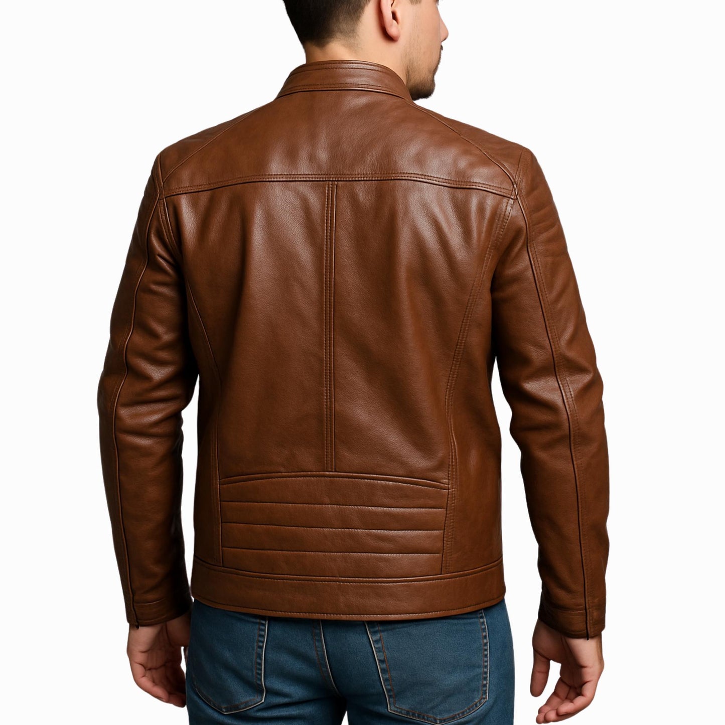 Men's Brown Leather Cafe Racer Jacket – Slim Fit Moto Style