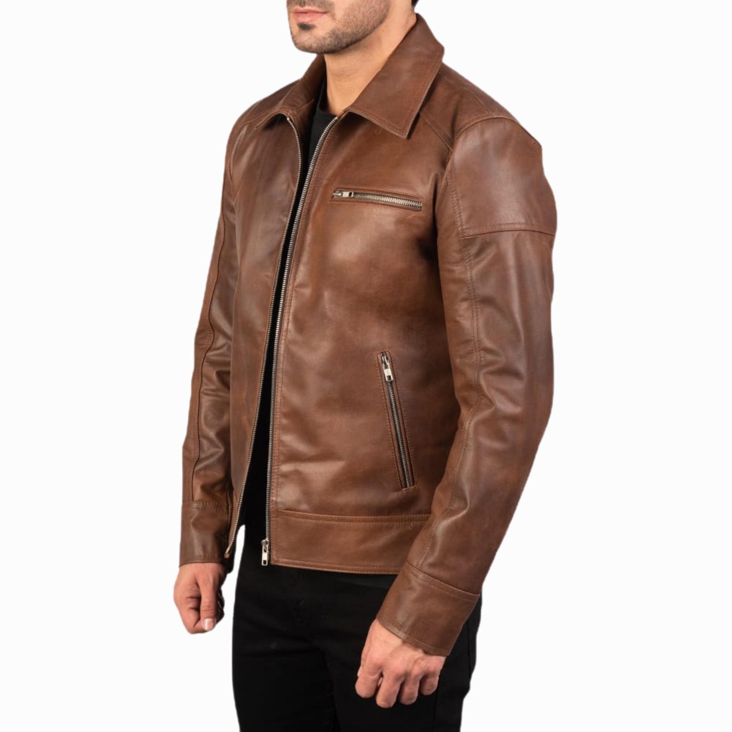 Men’s Classic Brown Real Leather Jacket – Cafe Racer Style Zip-Up Coat | The Nord Wolf