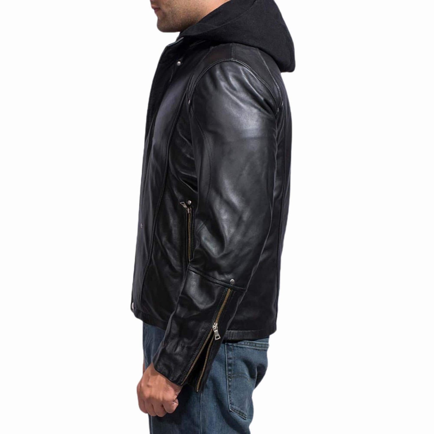 Men’s Black Real Leather Jacket with Removable Hood – Slim Fit Motorcycle Style | The Nord Wolf