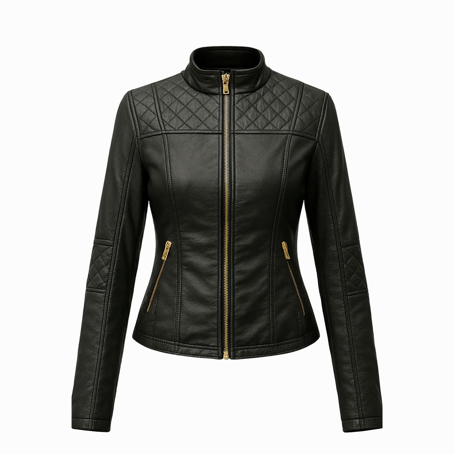Women’s Black Real Leather Jacket – Quilted Moto Style with Gold Zippers | The Nord Wolf