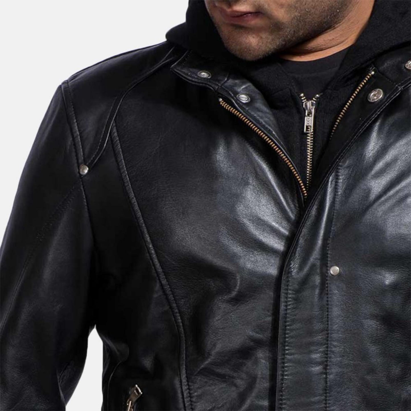 Men’s Black Real Leather Jacket with Removable Hood – Slim Fit Motorcycle Style | The Nord Wolf