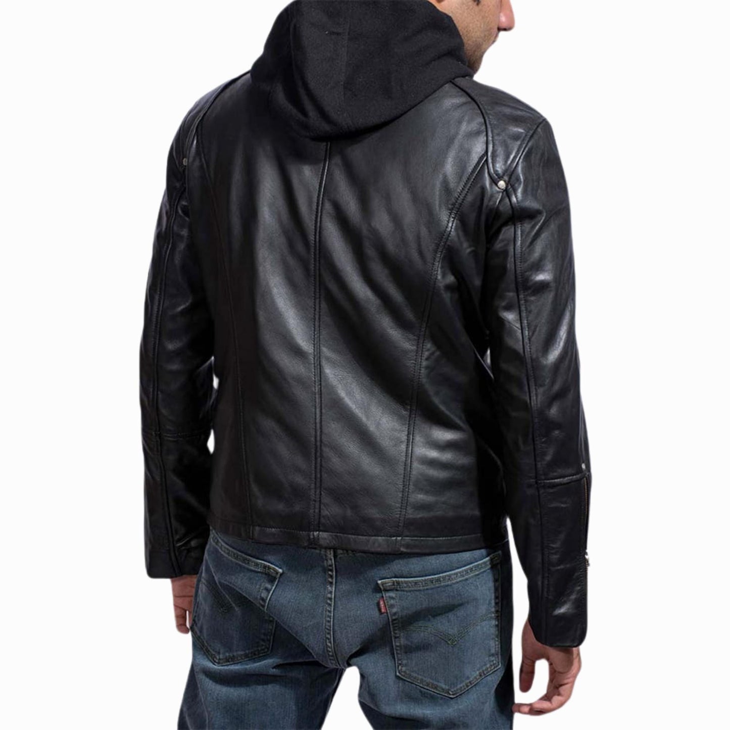 Men’s Black Real Leather Jacket with Removable Hood – Slim Fit Motorcycle Style | The Nord Wolf