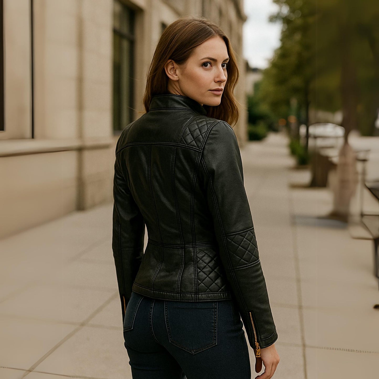 Women’s Black Real Leather Jacket – Quilted Moto Style with Gold Zippers | The Nord Wolf